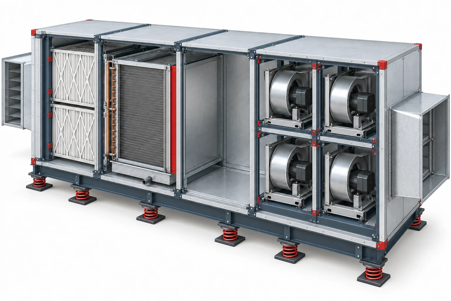 UTA sezionata con filtri, batteria e gruppo ventilante, su appoggi esterni a molle